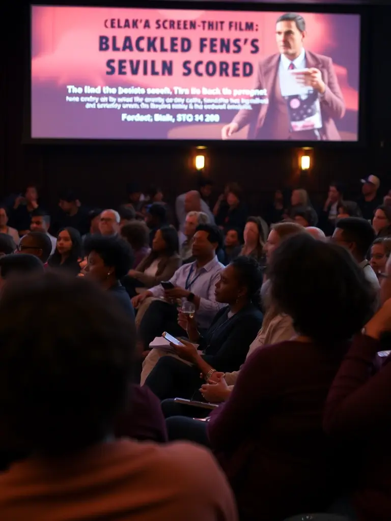 An image of a film screening event hosted by FAVunite TV, featuring a diverse audience watching a Black-led film, with the director and cast members present for a Q&A session.