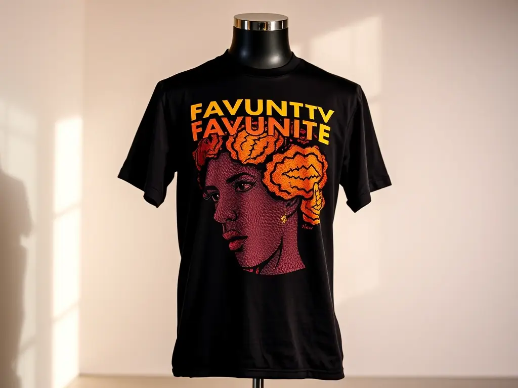 A high-quality photograph of a FAVunite TV branded t-shirt with a bold, Afrocentric design, displayed on a mannequin in a well-lit studio setting.