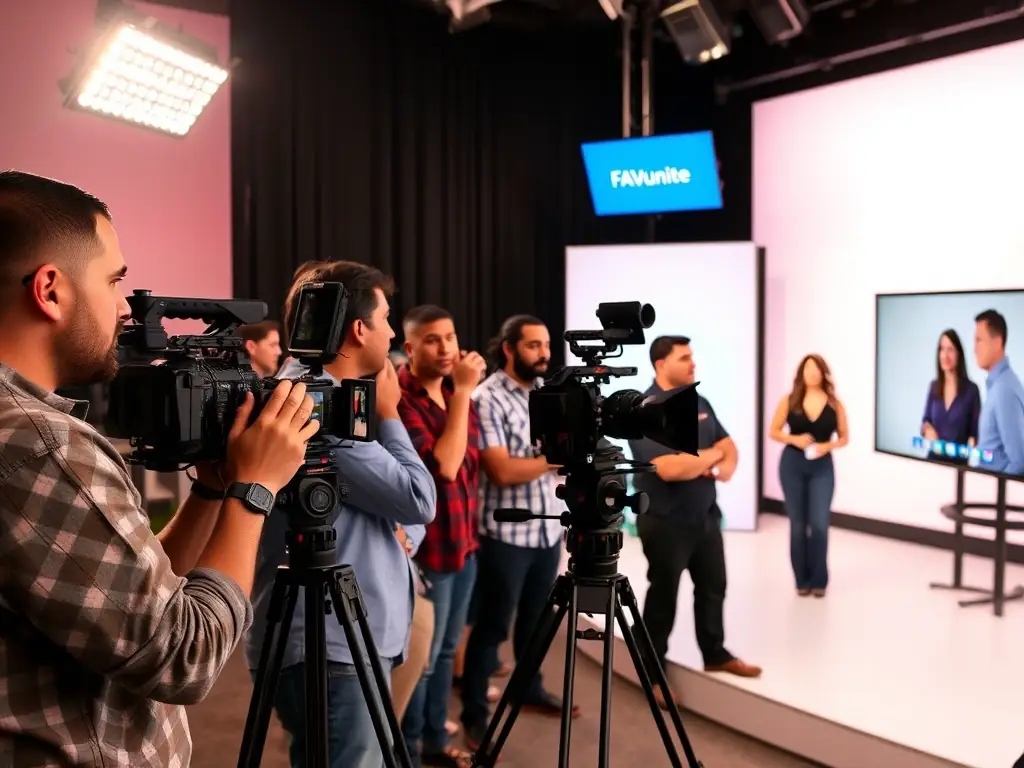 A behind-the-scenes YouTube thumbnail featuring a FAVunite TV crew filming a segment, highlighting the production process and the people behind the content.