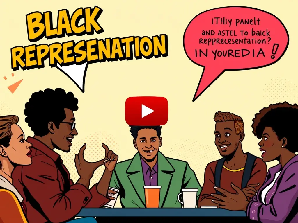 A vibrant and engaging YouTube thumbnail featuring a panel discussion on Black representation in media, with diverse participants and a modern, Afrocentric design.