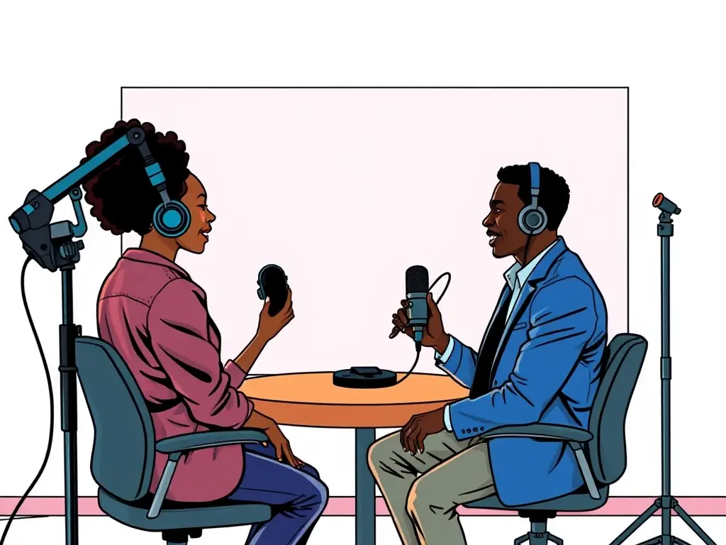 A visually appealing podcast cover art featuring a Black host interviewing a guest, set in a modern studio environment.