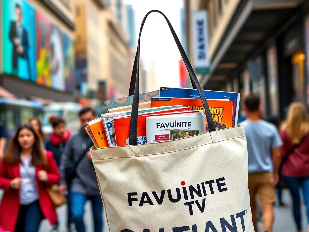 A vibrant and eye-catching image of a FAVunite TV branded tote bag filled with books and magazines, set against a backdrop of a bustling city street.