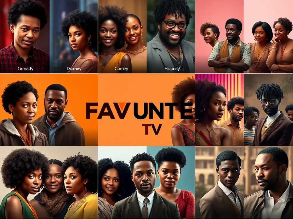 A collage of images representing different genres available on FAVunite TV, including drama, comedy, documentaries, and historical films, all featuring Black casts and creators.