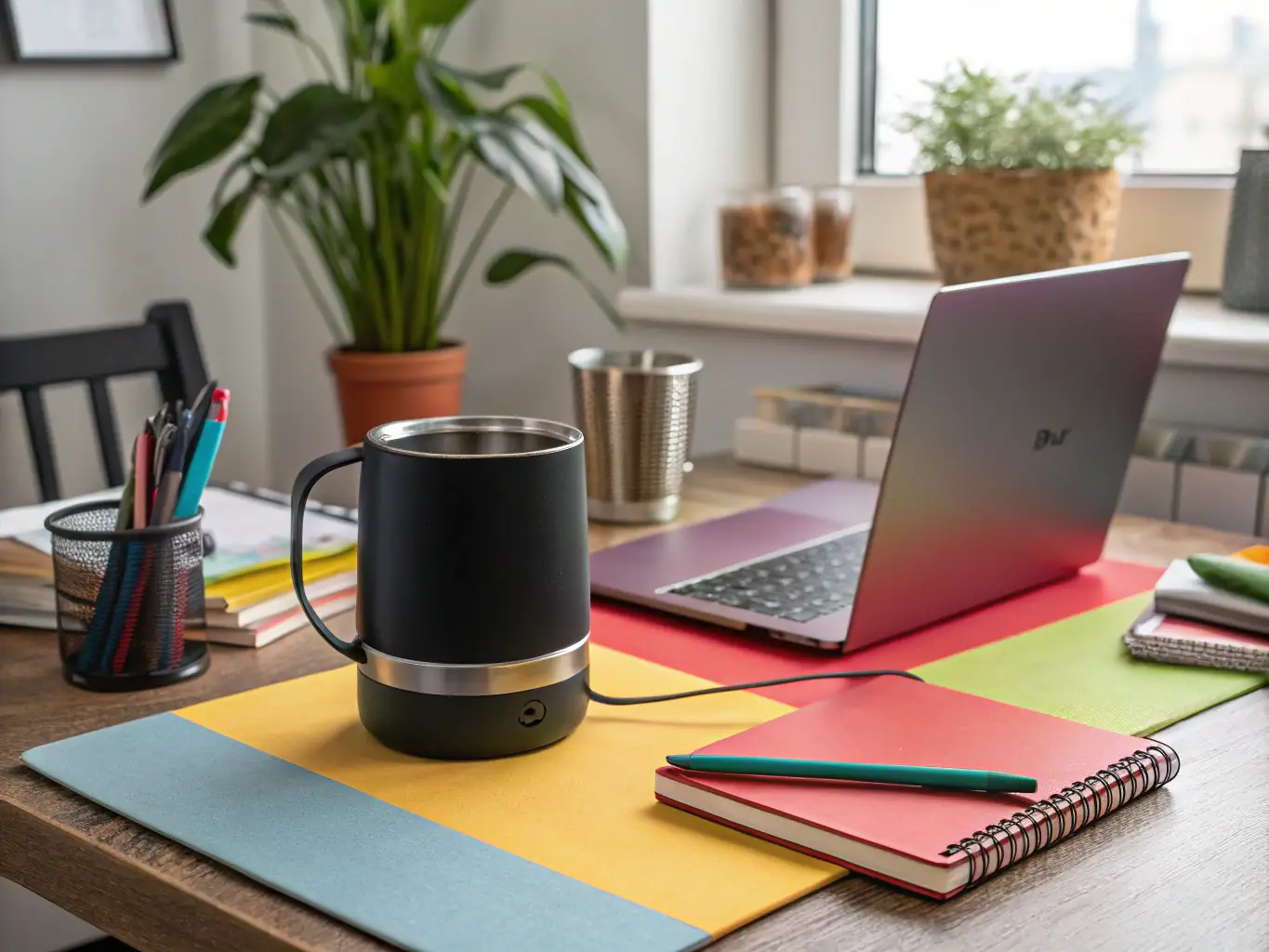 A visually appealing image of a FAVunite TV branded coffee mug with a unique design, placed on a desk next to a laptop and a plant, creating a cozy and inviting atmosphere.