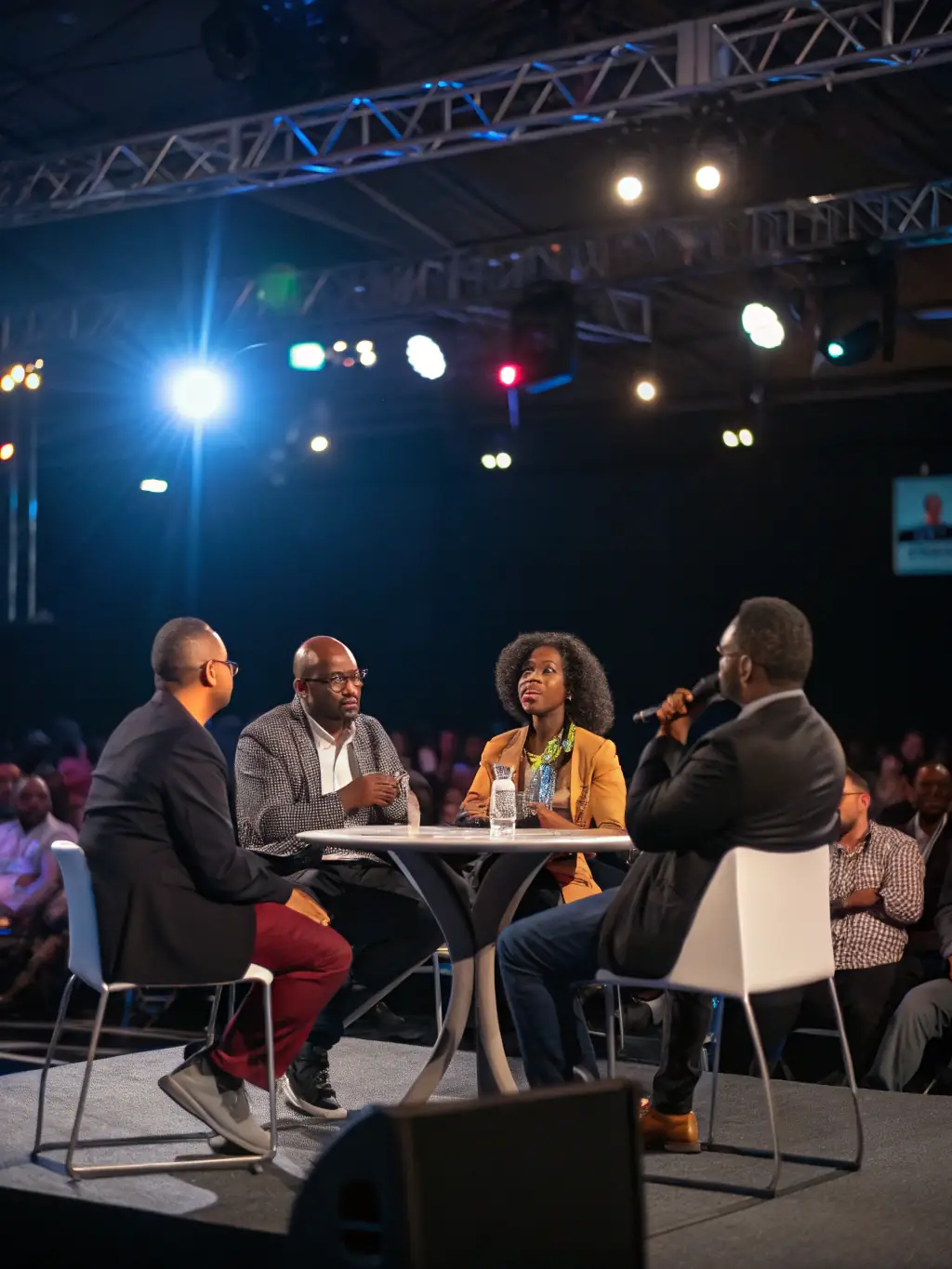 A vibrant image of a panel discussion at a FAVunite TV event, featuring Black thought leaders and creators engaging with an audience. The setting is modern and Afrocentric, with warm lighting and culturally resonant design elements.