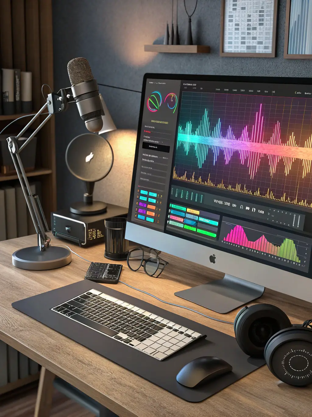 A modern podcasting setup with a microphone, headphones, and a laptop displaying audio editing software, representing the creation of high-quality audio content for FAVunite FM.