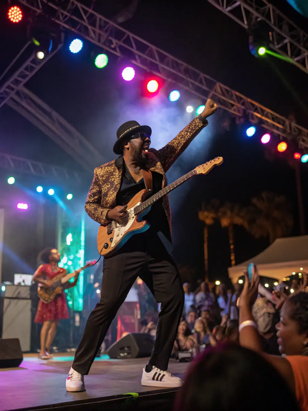 A dynamic image of a live music performance streamed on FAVunite TV, showcasing a Black artist on stage with a band, bathed in colorful stage lights and capturing the energy of the performance.