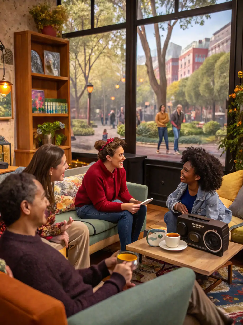 A diverse group of people listening to headphones or radios in various settings (at home, commuting, relaxing), showcasing the accessibility and versatility of FAVunite FM.
