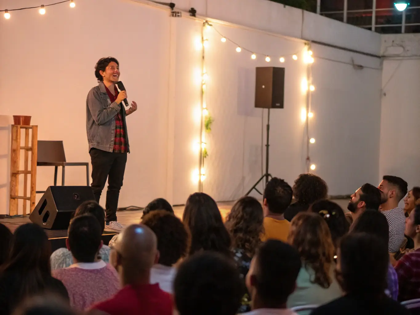 A dynamic image capturing a live event in action, with an engaged audience and a charismatic speaker on stage.