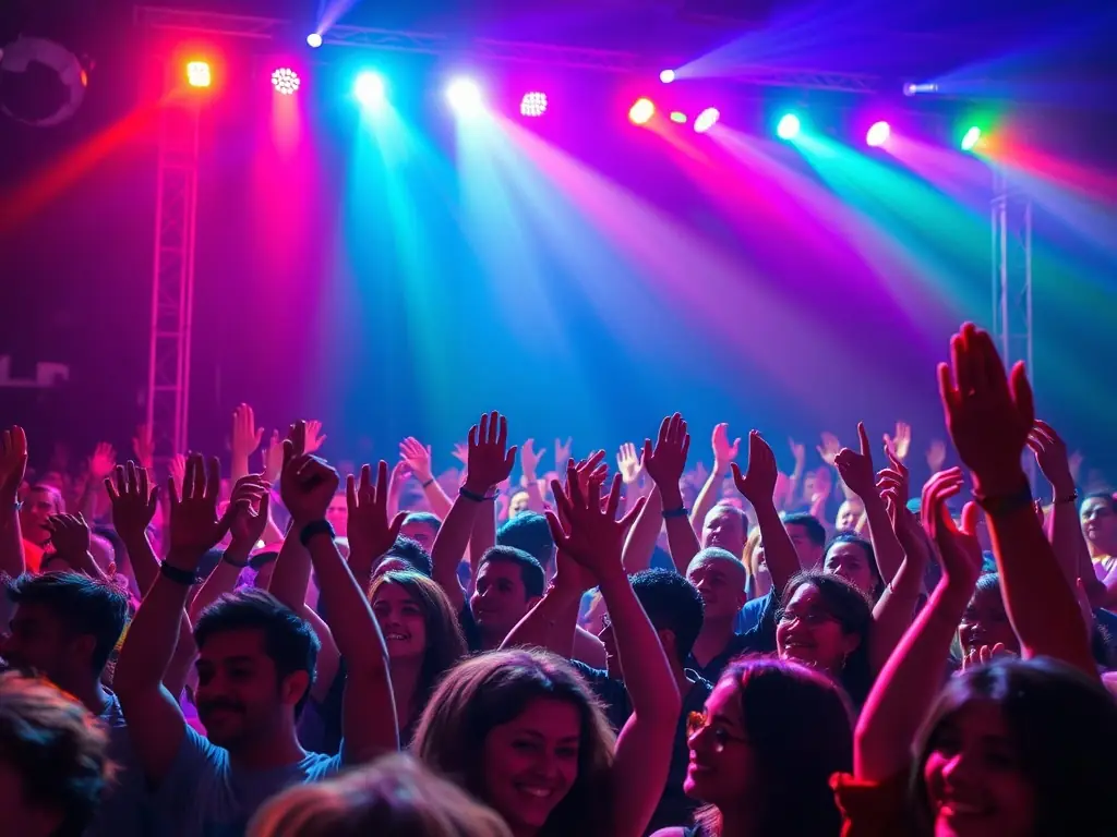 A dynamic YouTube thumbnail showcasing a live performance by a Black artist, with energetic lighting and a diverse audience.