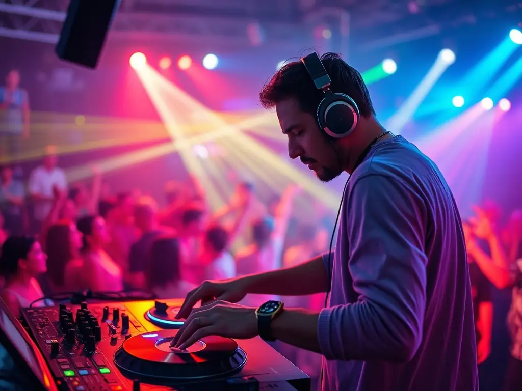 A vibrant image of a DJ spinning records at a live event, capturing the energy and excitement of FAVunite FM.
