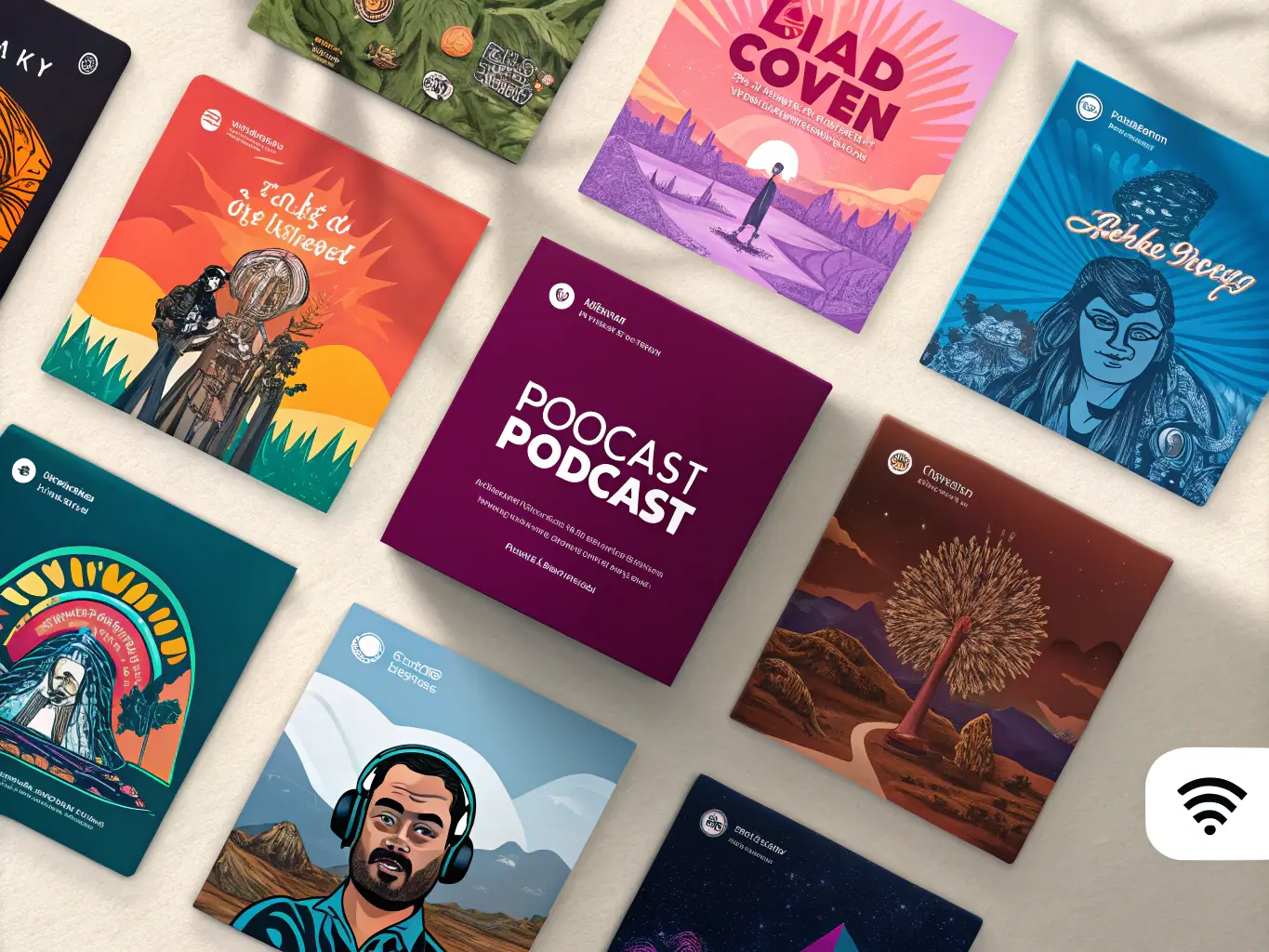 A collage of diverse podcast covers, showcasing the breadth of topics and voices featured on FAVunite TV's audio platform.
